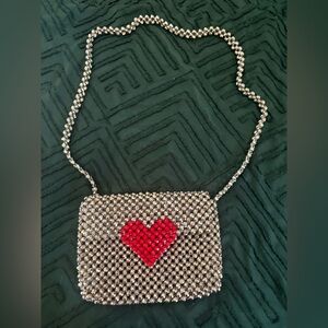 Forever 21 Silver Beaded Heart Clutch